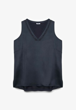 Blusa sin mangas azul marino oscuro con escote en V y ribete de encaje a lo largo del escote, ajuste holgado y dobladillo ligeramente curvado.