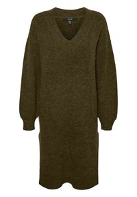 Abito lavorato a maglia verde oliva con scollatura a V, maniche lunghe, tasche laterali e taglio dritto che arriva a metà coscia. Tessuto morbido e materiale spesso.