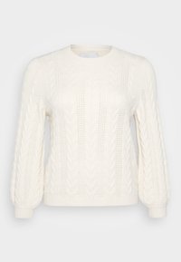 White cable-knit sweater with long sleeves, round neck, textured pattern, and ribbed cuffs. Lightweight material with decorative detailing.