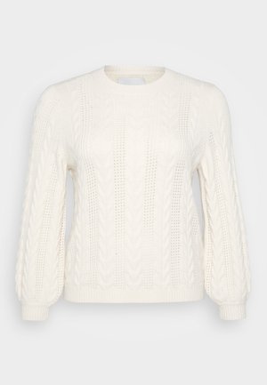White cable-knit sweater with long sleeves, round neck, textured pattern, and ribbed cuffs. Lightweight material with decorative detailing.