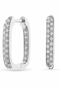 Silberne Ohrhänger in Form von Rechtecken, verziert mit kleinen, klaren Strasssteinen auf einer Seite, mit glänzender, glatter Oberfläche.