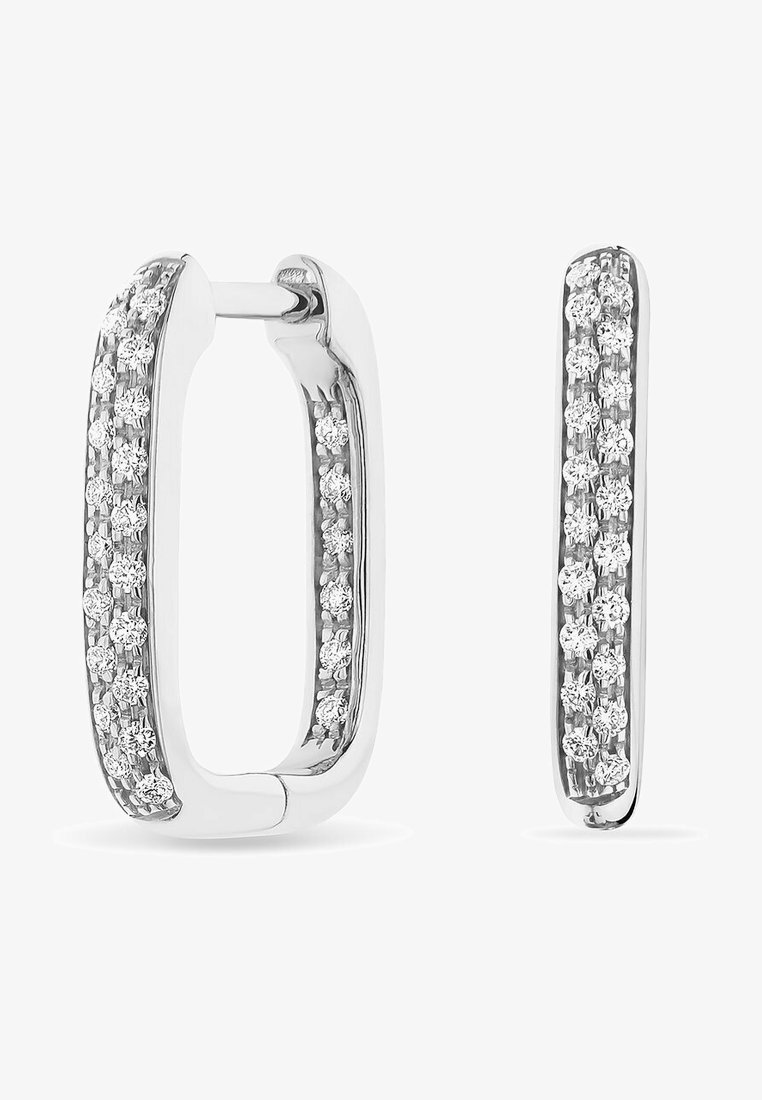 Silberne Ohrhänger in Form von Rechtecken, verziert mit kleinen, klaren Strasssteinen auf einer Seite, mit glänzender, glatter Oberfläche.