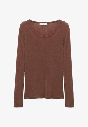 Bruine lange mouwen top van zachte stof met een ronde halslijn en een relaxte pasvorm. Eenvoudig ontwerp zonder patronen of accenten.