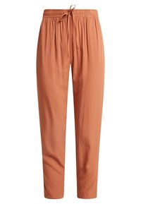 Joggers légers avec taille élastique, de couleur terre cuite douce, dotés d'une fermeture à cordon de serrage et d'une coupe fuselée. Texture lisse.