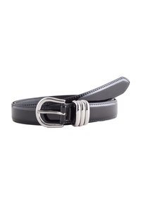 Ceinture en cuir noir à finition lisse, dotée d'une boucle en métal argenté et de trois accents horizontaux près de la boucle.