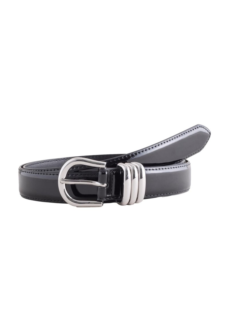 Ceinture en cuir noir à finition lisse, dotée d'une boucle en métal argenté et de trois accents horizontaux près de la boucle.