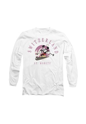 White long-sleeve shirt with skier cartoon, mountains background, "Switzerland" curved text above and "St. Moritz" below in purple.