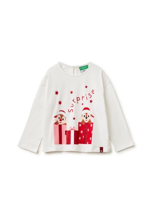 LONG SLEEVED WITH DROPPED SHOULDER OPENING AND BUTTON DETAIL ON BACK PRINT WITH GLITTER ON FRONT - Long sleeved top - white