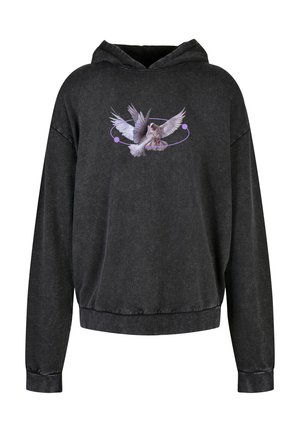 Melnā kapuce ar brīvu piegriezumu. Priekšpusē ir attēlots lidojošs putns ar pasteļtoņu apļveida dizainu.