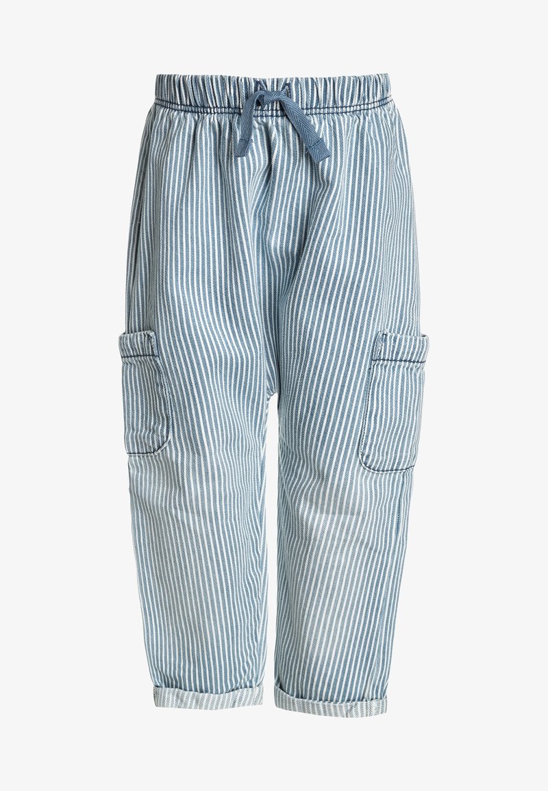 Pantalon à rayures verticales bleu et blanc avec taille élastique, cordon de serrage à l'avant, poches cargo sur les côtés et revers aux chevilles.
