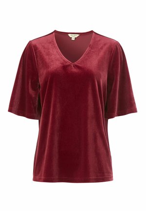 Burgundy sammetstopp med V-ringning och korta ärmar. Slät yta, lös passform och minimala sömnadsdetaljer.