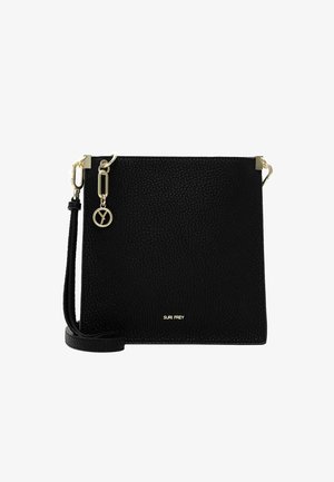 Schwarze strukturiert Lederhandtasche mit goldfarbener Hardware, verstellbarem Tragegurt und Logodetail an der Unterseite. Kompaktes und strukturiertes Design.