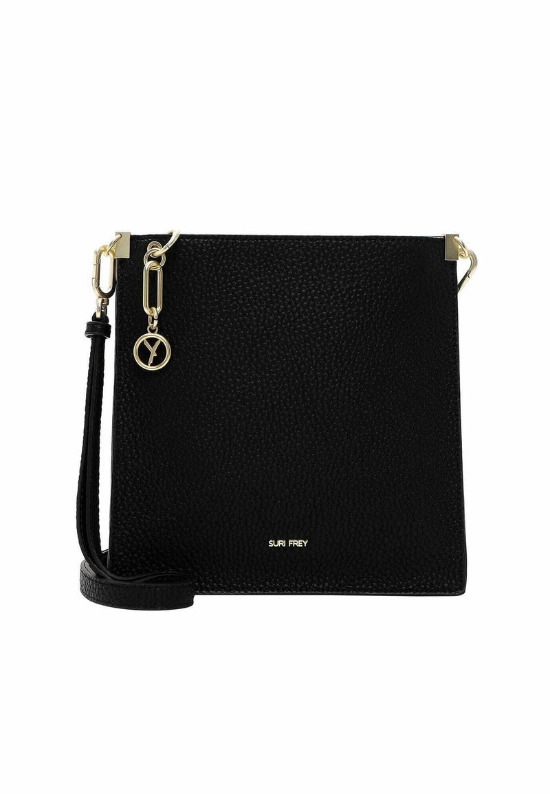 Borsa a mano in pelle nera con texture, hardware in tonalità oro, tracolla regolabile e dettaglio del logo nella parte inferiore. Design compatto e strutturato.