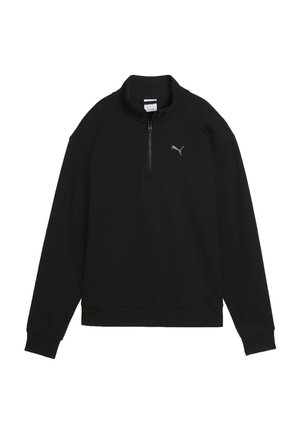 Sort langærmet pullover med kvart lynlås og lille Puma-logo på venstre bryst, med høj krave og ribstrikkede manchetter.