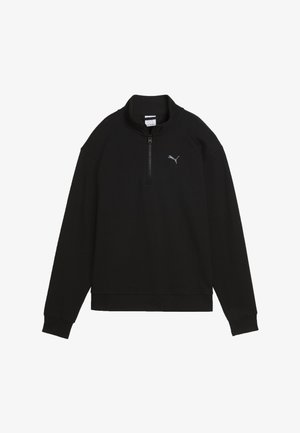 Czarny sweter z długim rękawem, zamkiem na ćwiartkę i małym logo Puma na lewej piersi, z wysokim kołnierzem i ściągaczami przy mankietach.