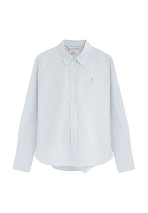 Camicia a maniche lunghe con bottoni, a righe verticali azzurro chiaro e bianco, con colletto e piccolo logo ricamato sul petto a sinistra.