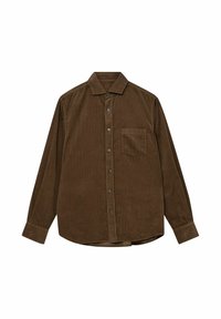 Camicia in corduroy marrone con maniche lunghe, colletto button-down, tasca frontale e superficie a coste texturizzata. Presenta bottoni in tono argento.