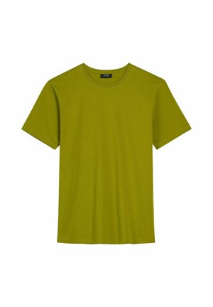 Oliwkowa koszulka z krótkim rękawem i okrągłym dekoltem, z małym subtelnym logo na lewej piersi, gładki wzór o regularnym kroju.