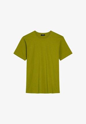 Oliwkowa koszulka z krótkim rękawem i okrągłym dekoltem, z małym subtelnym logo na lewej piersi, gładki wzór o regularnym kroju.