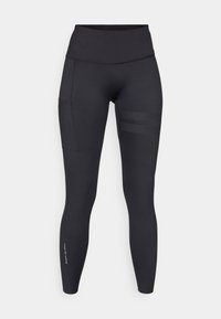Schwarze Sportleggings aus dehnbarem Material, mit hohem Bund, Seitentasche und strukturierten horizontalen Streifen an einem Bein.