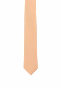 Peach-colored tie with a smooth, textured surface and a pointed tip, featuring a subtle ribbed pattern throughout the fabric.