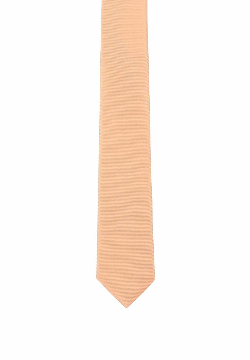 Peach-colored tie with a smooth, textured surface and a pointed tip, featuring a subtle ribbed pattern throughout the fabric.