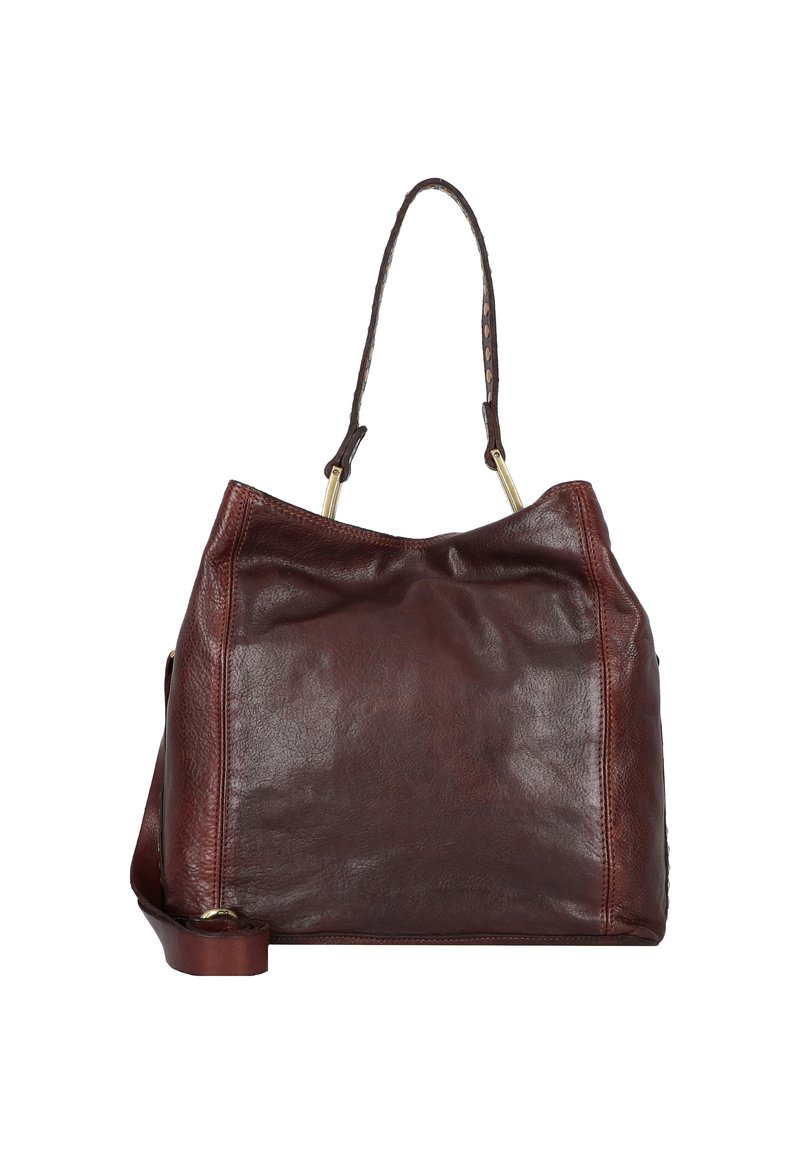 Bolso hobo de cuero marrón con forma flexible, una sola correa y herrajes en tono dorado. Presenta una textura suave y un diseño minimalista.