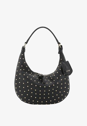 Black leather handbag with gold studs, single shoulder strap, top zipper, and small attached pouch with brand name "abro".