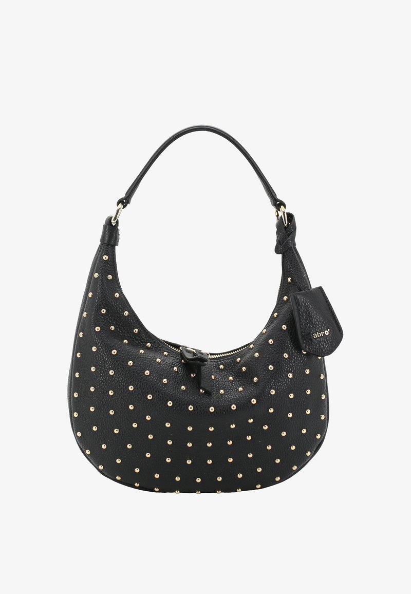 Black leather handbag with gold studs, single shoulder strap, top zipper, and small attached pouch with brand name "abro".