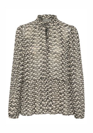 Blouse transparente à manches longues en beige avec un imprimé noir abstrait, présentant un col haut, un lien de fermeture et une taille froncée.