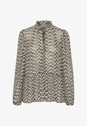 Durchsichtige Bluse mit langen Ärmel in Beige mit schwarz-abstractm Muster, ausgestattet mit einem hohen Kragen, einer Bindeschließe und einer gerafften Taille.