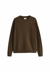 Brauner Strickpullover mit Rundhalsausschnitt, Raglanärmeln und gerippten Bündchen und Saum. Weiche Textur mit einem dezenten, gleichmäßigen Muster.