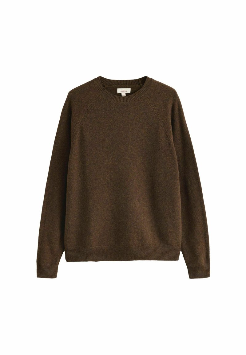 Brauner Strickpullover mit Rundhalsausschnitt, Raglanärmeln und gerippten Bündchen und Saum. Weiche Textur mit einem dezenten, gleichmäßigen Muster.