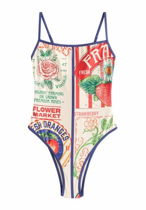 Egyrészes fürdőruha vékony pántokkal, vintage stílusú gyümölcs- és virágpiaci mintákkal díszítve, többek között eperrel, narancssal és rózsával.