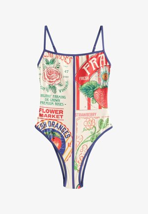 Jednoczęściowy kostium kąpielowy z cienkimi ramiączkami, ozdobiony nadrukami w stylu vintage przedstawiającymi owoce i kwiaty z targu, w tym truskawki, pomarańcze i róże.