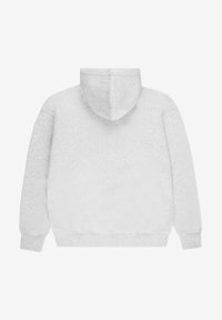 Szary sweatshirt z kapturem, ściągaczami przy mankietach i luźnym krojem. Materiał wydaje się miękki i teksturowany. Prosty design bez widocznych akcentów.