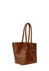 Bruine leren tote bag met twee stevige handvaten, met een gladde textuur en een minimalistisch ontwerp. Licht gestructureerde vorm zonder zichtbare hardware.
