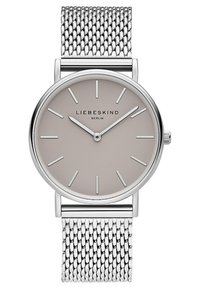 Zilveren mesh bandhorloge met een ronde, lichtgrijze wijzerplaat. Dunne markeringen en wijzers voor de tijdsaanduiding. Merk "Liebeskind Berlin" weergegeven.