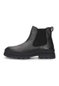 Stivale Chelsea in pelle nera con pannelli elastici testurizzati, punta rotonda, suola chunky nera e linguetta sul tallone.