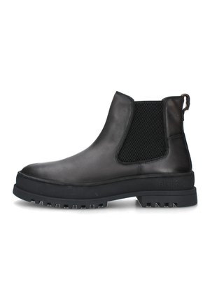 Stivale Chelsea in pelle nera con pannelli elastici testurizzati, punta rotonda, suola chunky nera e linguetta sul tallone.