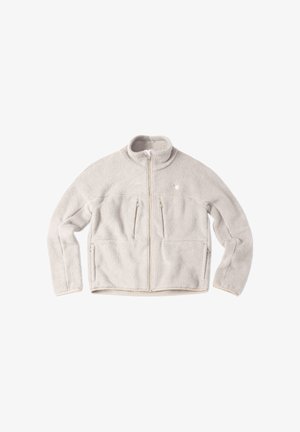 Hellgraue Fleecejacke mit hohem Kragen, Reißverschluss vorne und zwei Reißverschlusstaschen auf der Brust. Verfügt über eine weiche Textur und kontrastierende Zierleisten.