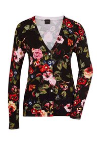 Schwarzer floraler Cardigan mit V-Ausschnitt, der farbenfrohe Rosen und Blätter zeigt, mit Knopfverschluss vorne und gerippten Bündchen und Saum.