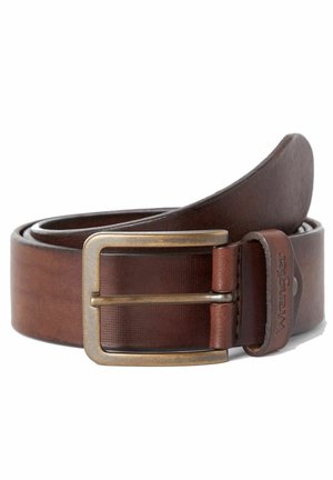 Brown leather belt featuring a brushed metal buckle, smooth texture, and a branded leather loop with “Wrangler” embossed.