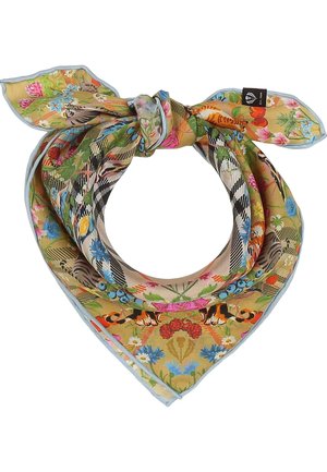 Colorful silk scarf with floral and foliage patterns, tied in a loose knot with pointed ends, featuring a small black brand tag.