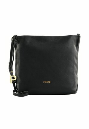 Sac bandoulière en cuir noir avec sangle ajustable, boucle dorée et logo "PICARD" centré à l'avant.