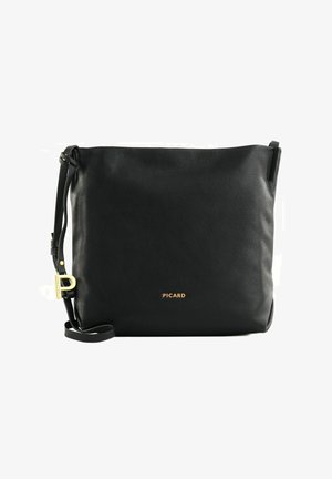 Sac bandoulière en cuir noir avec sangle ajustable, boucle dorée et logo "PICARD" centré à l'avant.