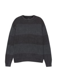 Pull en maille gris foncé avec texture côtelée horizontale et fines rayures de couleur, doté d'un col rond et de manches longues.