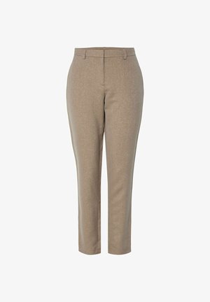 Beige skreddersydde bukser med teksturert overflate, rette ben og middels høy midje. Ingen synlige lommer eller dekorasjoner.