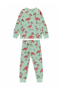Mint green pajama set featuring long-sleeved top and pants, adorned with repeated pink flamingo print and black accents on the birds.