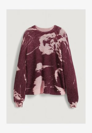Maglione lavorato a maglia in tonalità di bordeaux e rosa, con un motivo marmorizzato, scollo rotondo, maniche lunghe e polsini a coste.